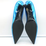 Balenciaga Talon Slash Kitten Heel Pumps Blue Metallic Leather Size 38.5