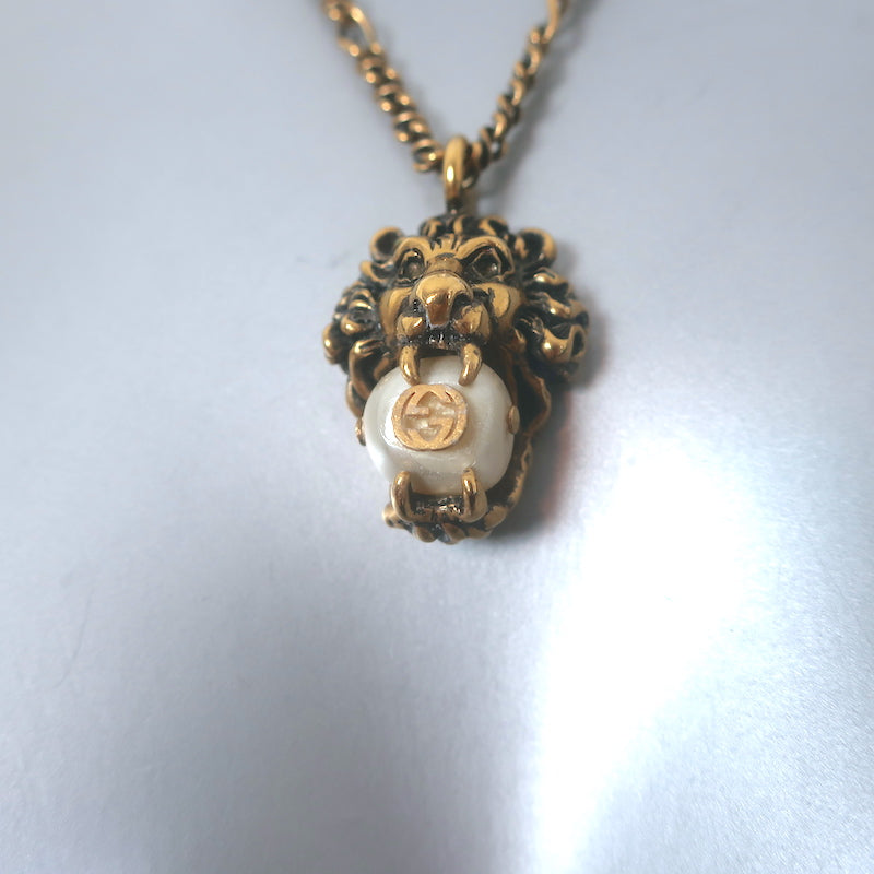 Gucci GG Faux Pearl Lion Head Pendant Necklace Brass