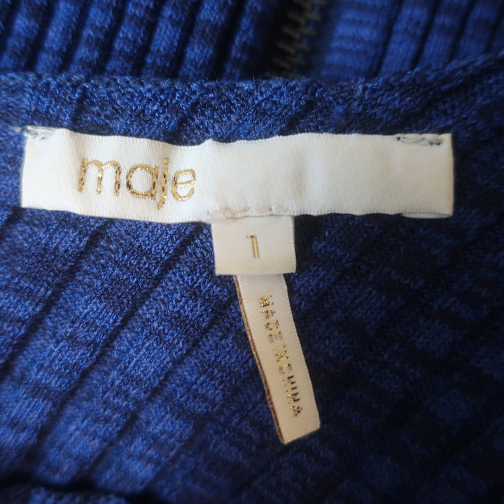 Maje Zip-Back Midi Dress Cobalt Ribbed Knit Size 1