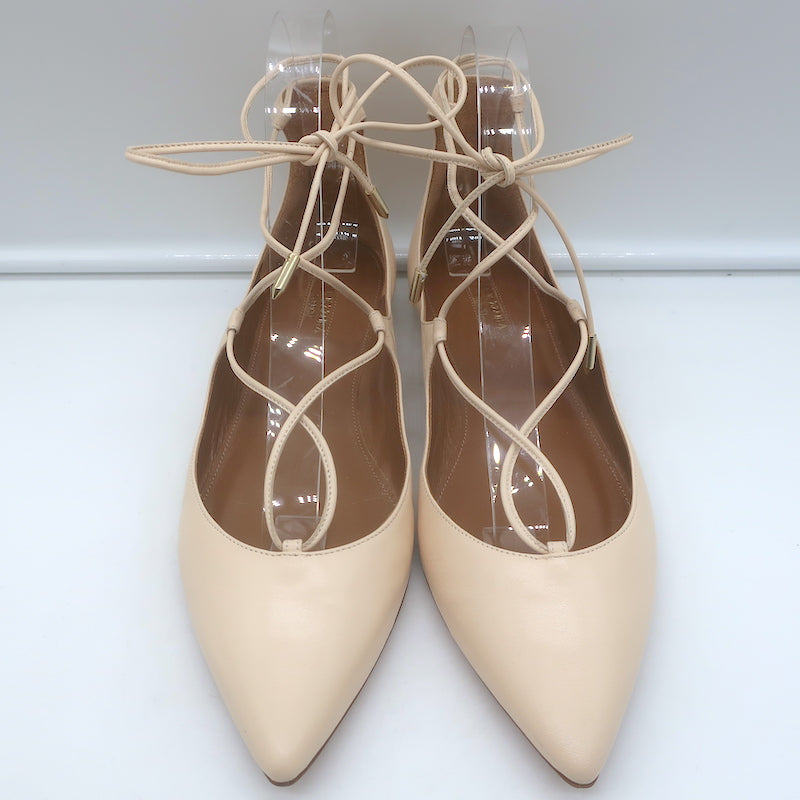 Aquazzura Christy Lace-Up Ballet Flats Ivory Leather Size 39.5 NEW