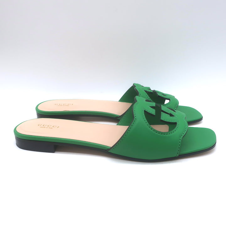Gucci Cosmos Cutout Interlocking G Flat Slide Sandals Green Leather Size 41