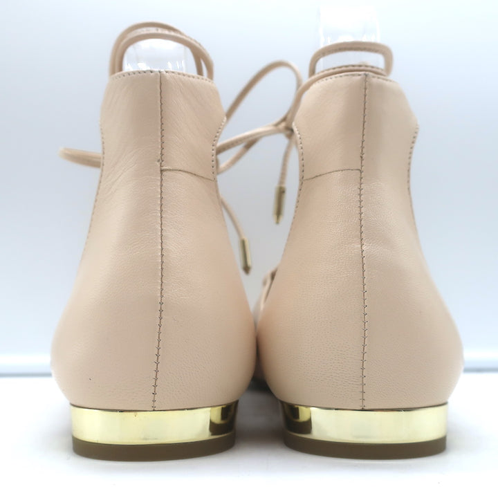 Aquazzura Christy Lace-Up Ballet Flats Ivory Leather Size 39.5 NEW