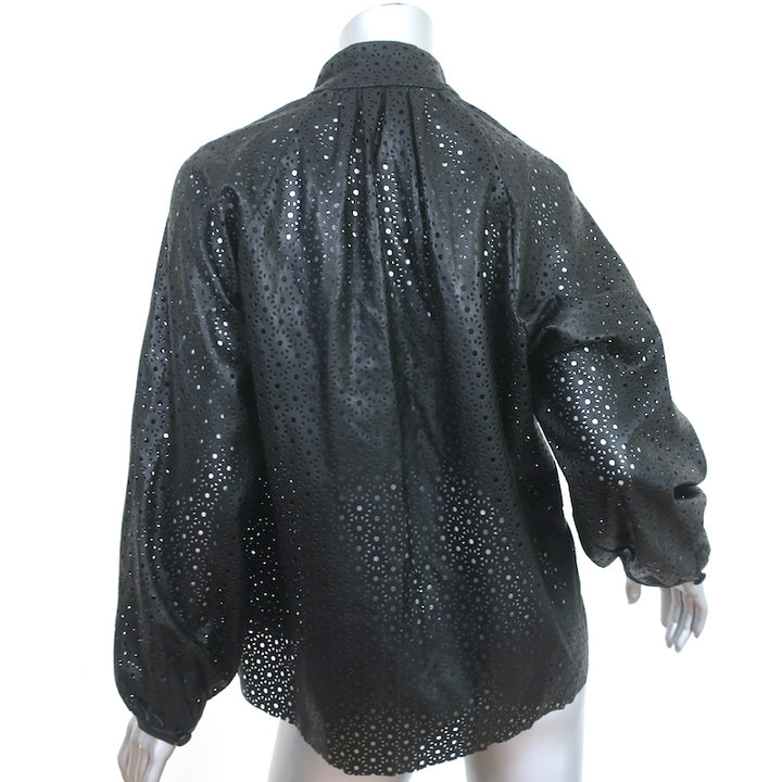 Zara Laser Cut Faux Leather Blouse Black Size Small Long Sleeve Top