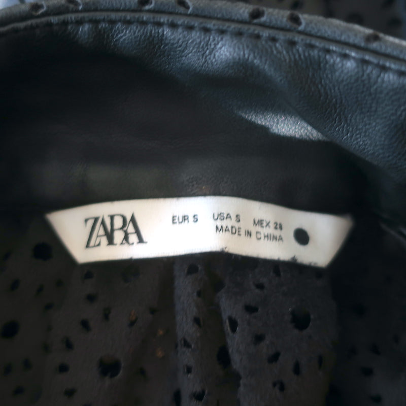 Zara Laser Cut Faux Leather Blouse Black Size Small Long Sleeve Top