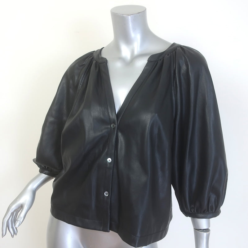 STAUD Dill Puff Sleeve Faux Leather Top Black Size Medium