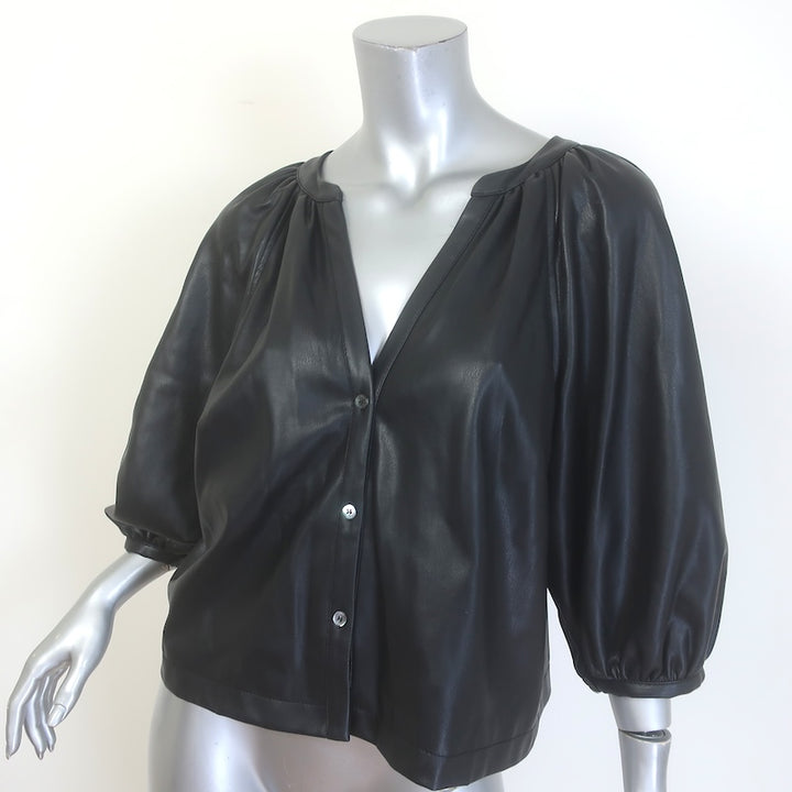 STAUD Dill Puff Sleeve Faux Leather Top Black Size Medium