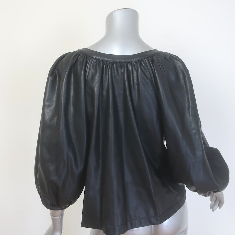 STAUD Dill Puff Sleeve Faux Leather Top Black Size Medium