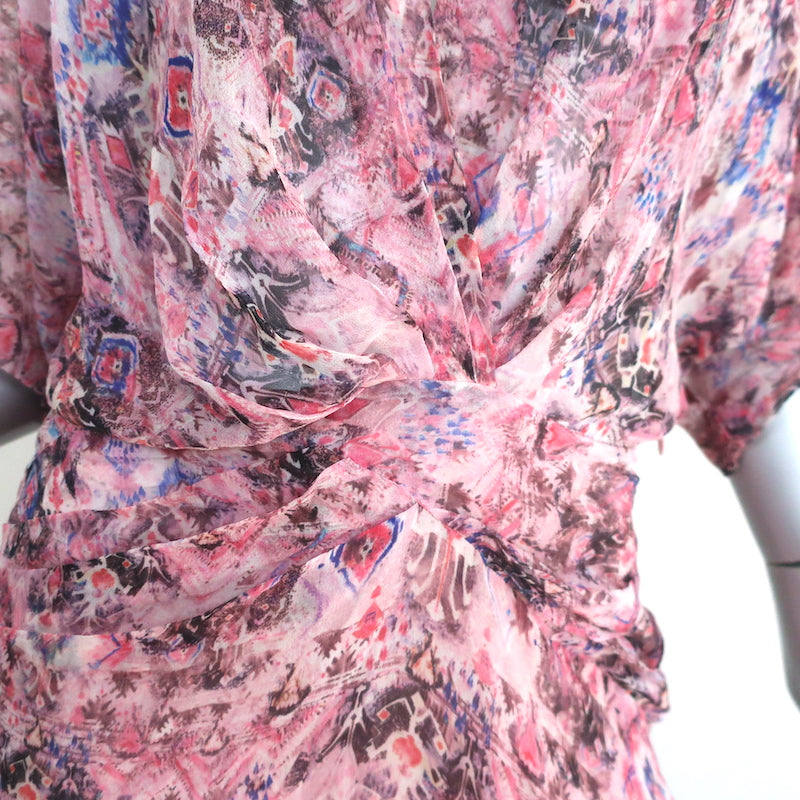IRO Knot Mini Dress Gazania Pink Printed Silk Size 38 Short Sleeve V-Neck