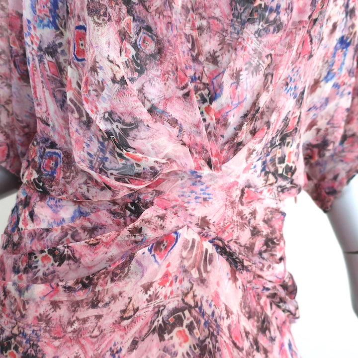 IRO Knot Mini Dress Gazania Pink Printed Silk Size 38 Short Sleeve V-Neck