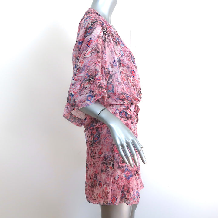 IRO Knot Mini Dress Gazania Pink Printed Silk Size 38 Short Sleeve V-Neck