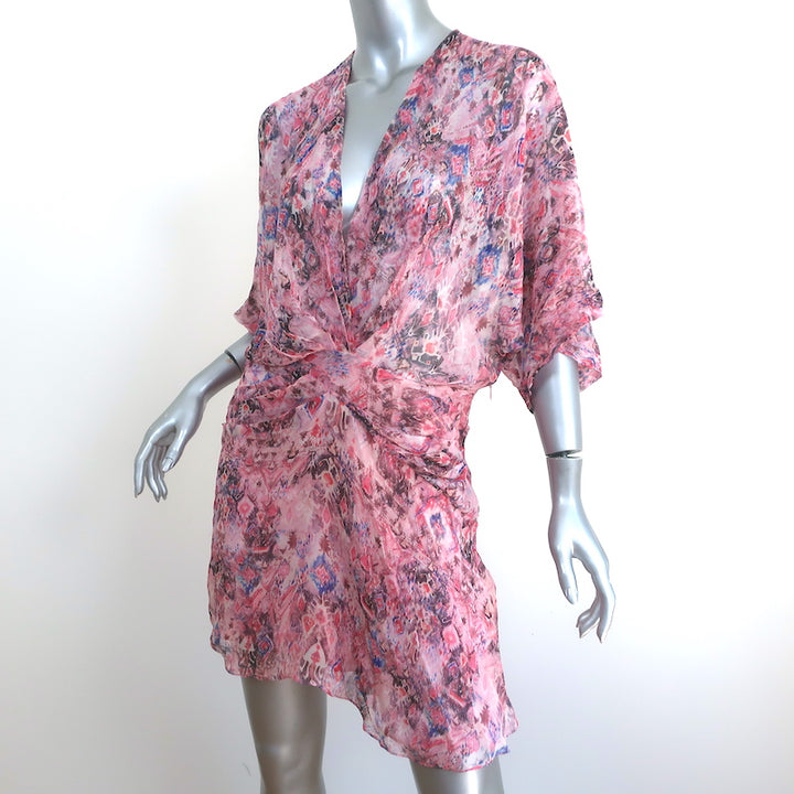 IRO Knot Mini Dress Gazania Pink Printed Silk Size 38 Short Sleeve V-Neck