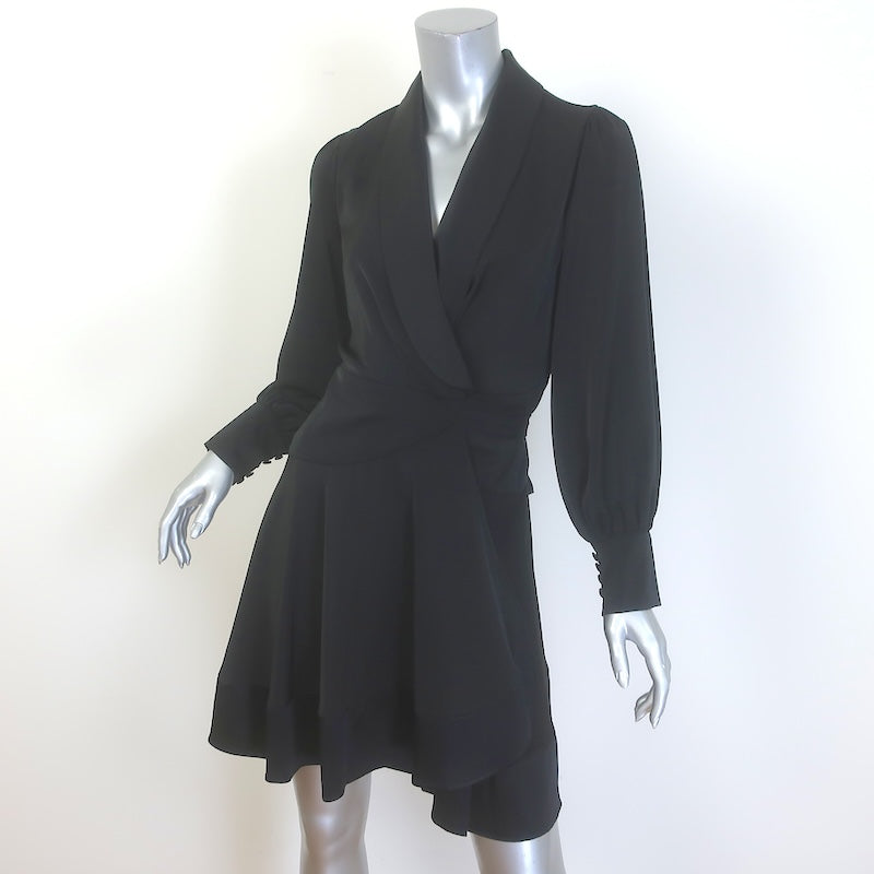 Zimmermann Long Sleeve Mini Wrap Dress Black Satin-Trimmed Silk Size 2