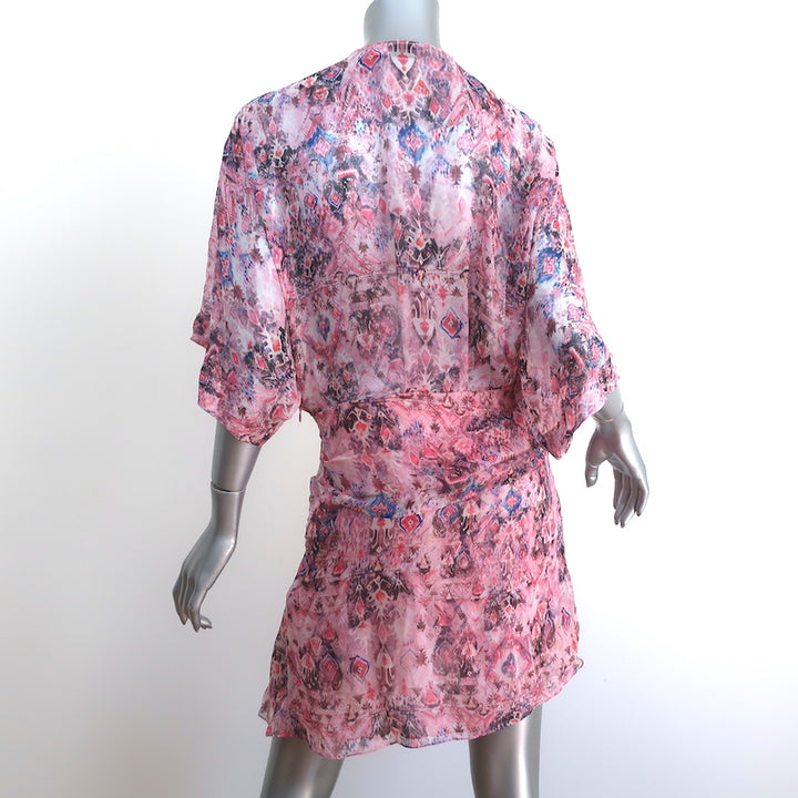 IRO Knot Mini Dress Gazania Pink Printed Silk Size 38 Short Sleeve V-Neck