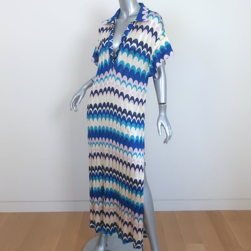 Alexis Maxi Dress Lucchini Blue/Cream Silky Knit Size Medium Cover-Up Caftan