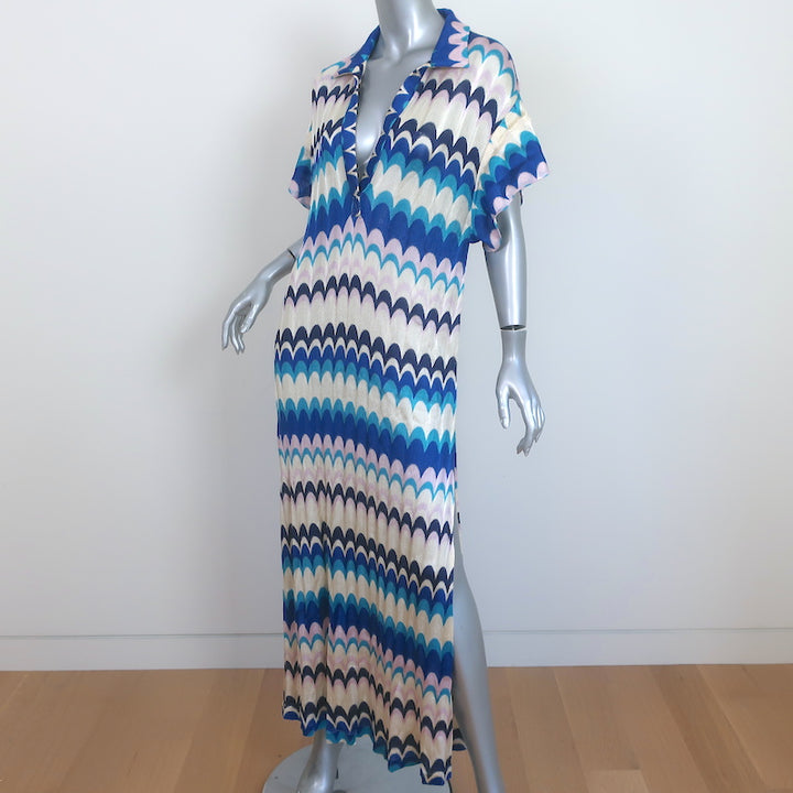Alexis Maxi Dress Lucchini Blue/Cream Silky Knit Size Medium Cover-Up Caftan