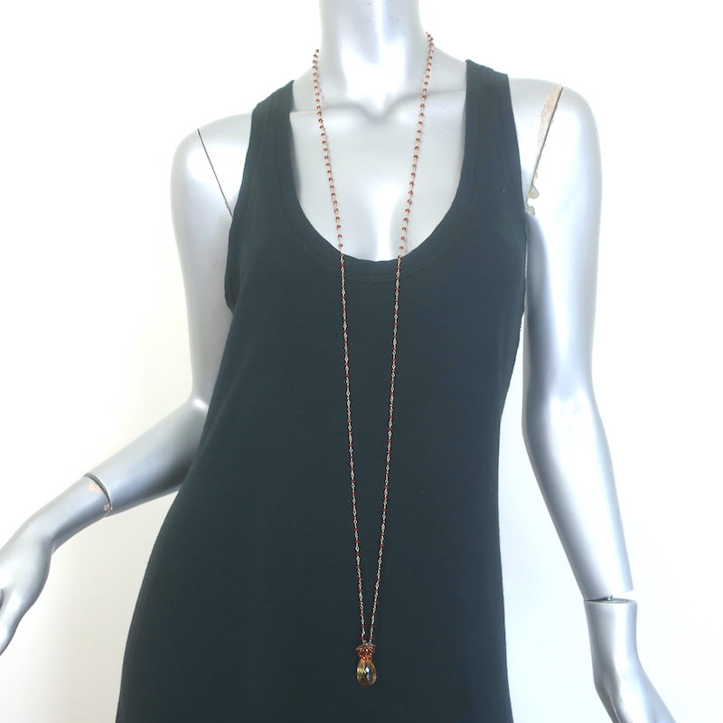 Long Beaded Teardrop Jewel Necklace Brown &amp; Light Yellow