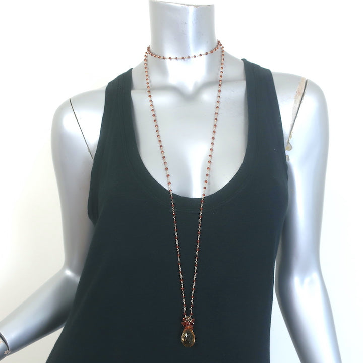 Long Beaded Teardrop Jewel Necklace Brown &amp; Light Yellow