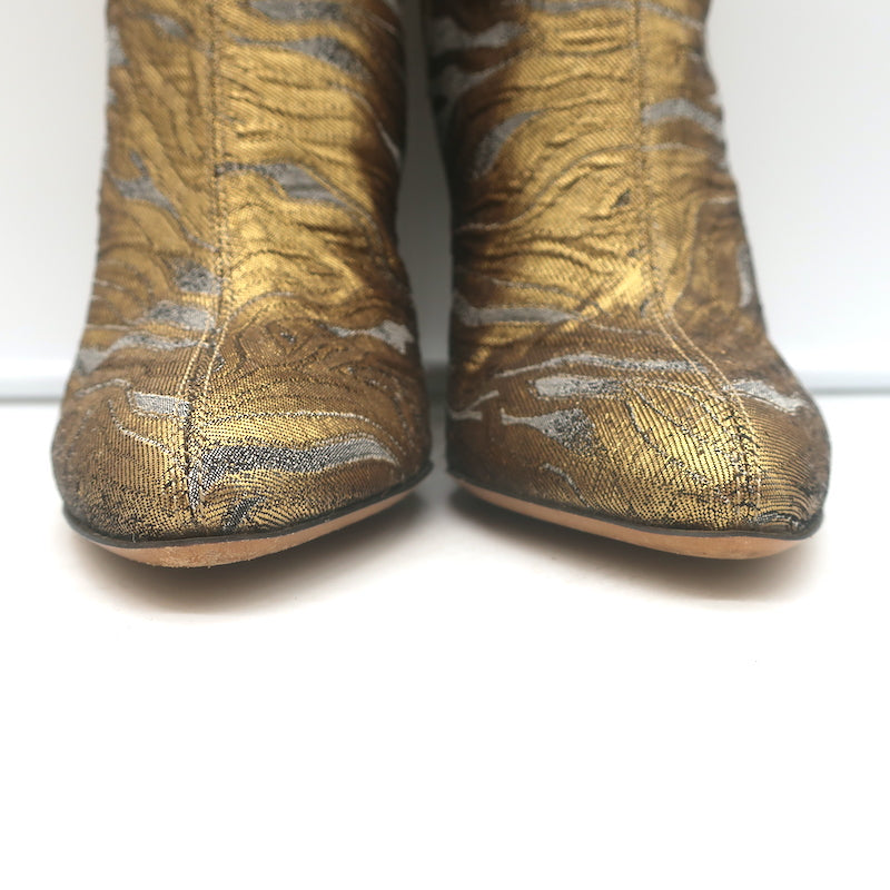 Dries Van Noten Metallic Brocade Curved-Heel Ankle Boots Gold Size 38.5