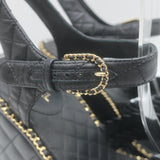 Chanel 15P Chain-Trimmed Quilted Wedge Sandals Black Braided Leather Size 40