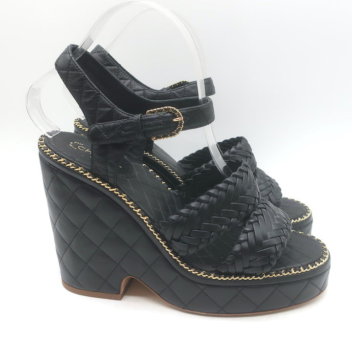 Chanel 15P Chain-Trimmed Quilted Wedge Sandals Black Braided Leather Size 40