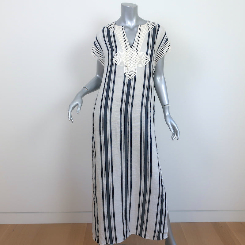 Tory Burch Maxi Dress Awning White/Navy Striped Linen Size Small Cover Celebrity Owned Tory Burch Maxi Dress Awning White/Navy Striped Linen Size Small Cover Celebrity Owned