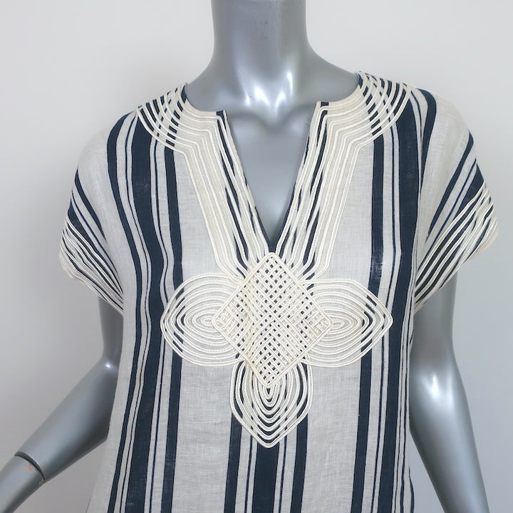 Tory Burch Maxi Dress Awning White/Navy Striped Linen Size Small Cover-Up Caftan
