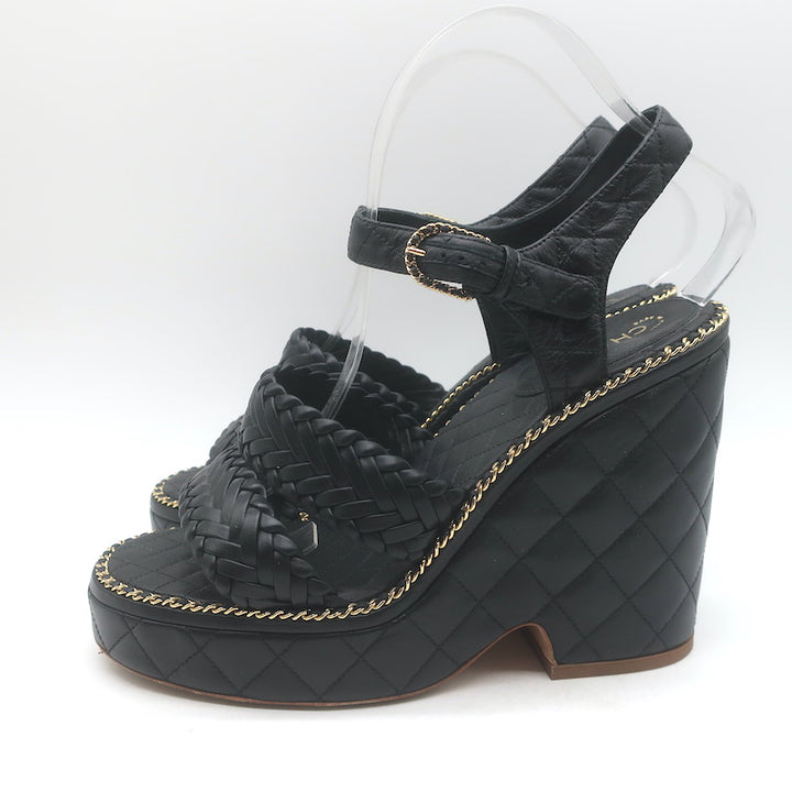 Chanel 15P Chain-Trimmed Quilted Wedge Sandals Black Braided Leather Size 40