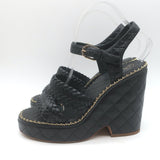 Chanel 15P Chain-Trimmed Quilted Wedge Sandals Black Braided Leather Size 40