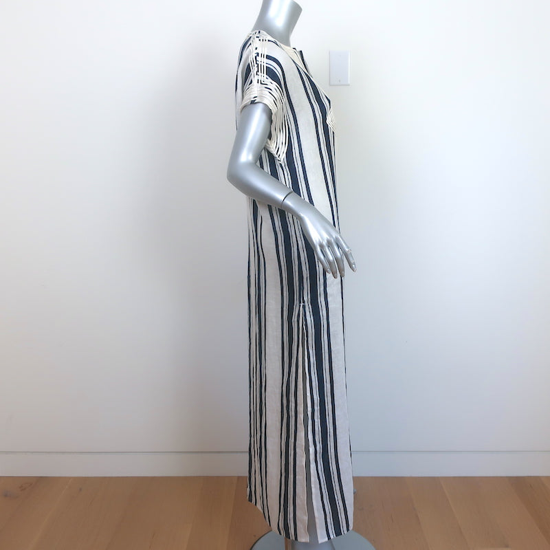Tory Burch Maxi Dress Awning White/Navy Striped Linen Size Small Cover-Up Caftan