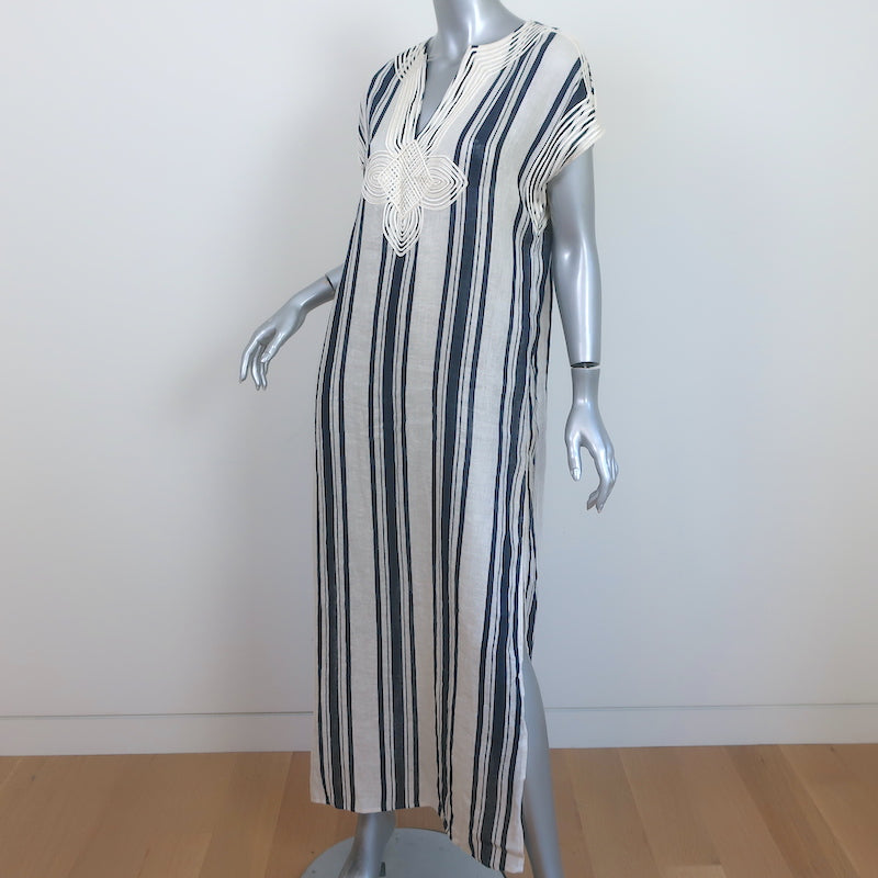 Tory Burch Maxi Dress Awning White/Navy Striped Linen Size Small Cover-Up Caftan