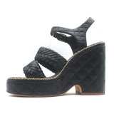 Chanel 15P Chain-Trimmed Quilted Wedge Sandals Black Braided Leather Size 40