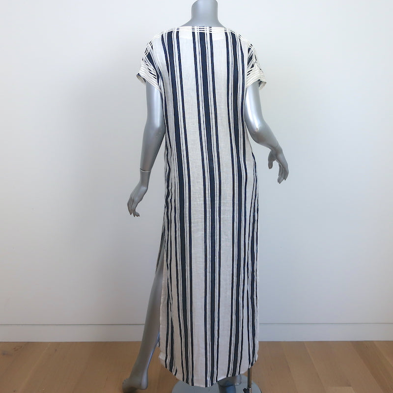 Tory Burch Maxi Dress Awning White/Navy Striped Linen Size Small Cover-Up Caftan