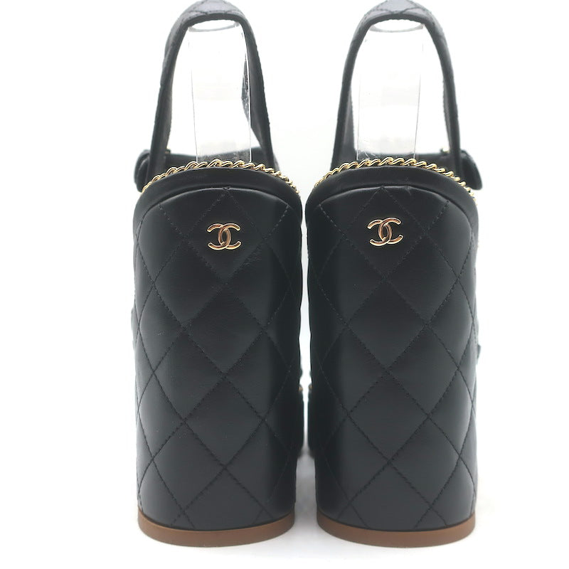 Chanel 15P Chain-Trimmed Quilted Wedge Sandals Black Braided Leather Size 40