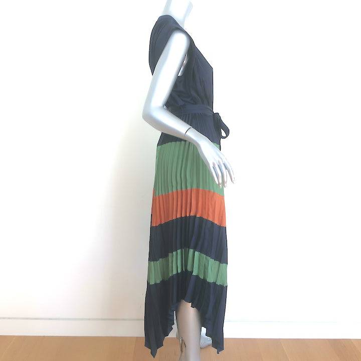 Ulla Johnson Maysha Striped Pleated Midi Dress Navy/Multi Satin Size 2