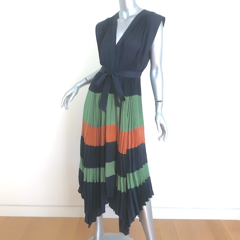 Ulla Johnson Maysha Striped Pleated Midi Dress Navy/Multi Satin Size 2