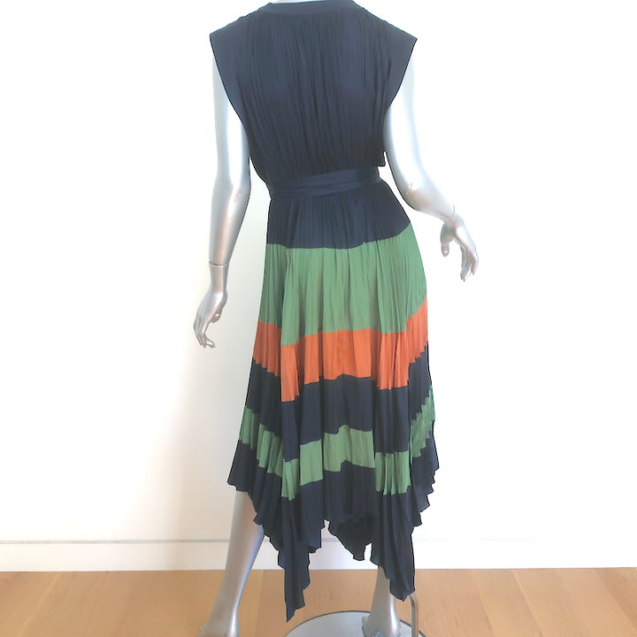 Ulla Johnson Maysha Striped Pleated Midi Dress Navy/Multi Satin Size 2