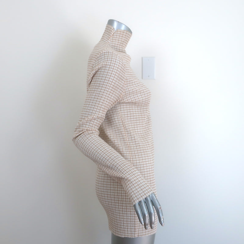 Jil Sander Gingham Long Sleeve Turtleneck Top Beige/White Cotton-Blend Size 36