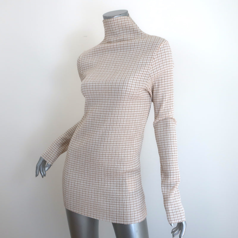 Jil Sander Gingham Long Sleeve Turtleneck Top Beige/White Cotton-Blend Size 36