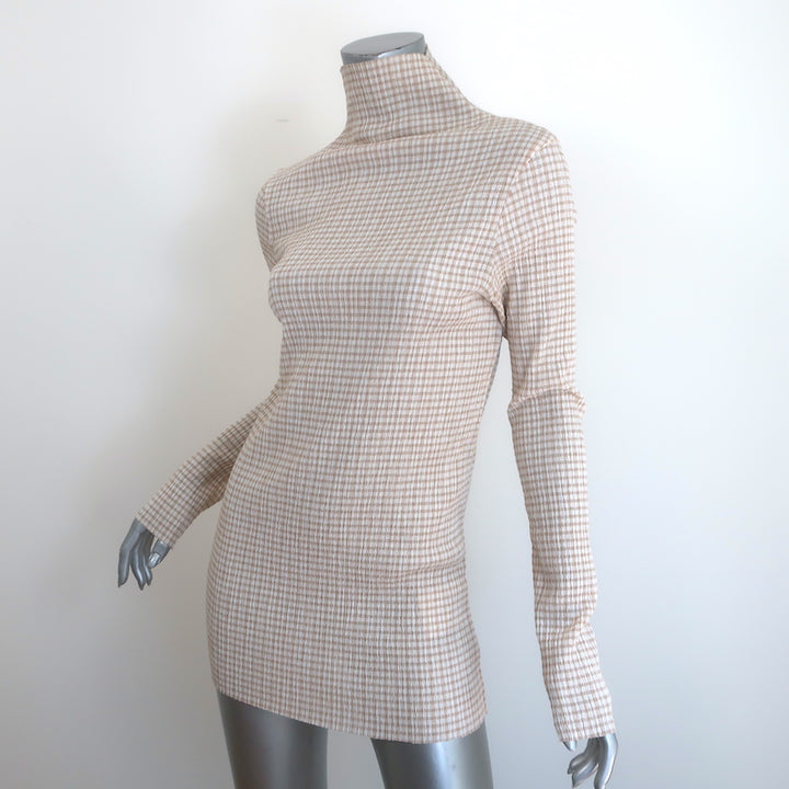 Jil Sander Gingham Long Sleeve Turtleneck Top Beige/White Cotton-Blend Size 36