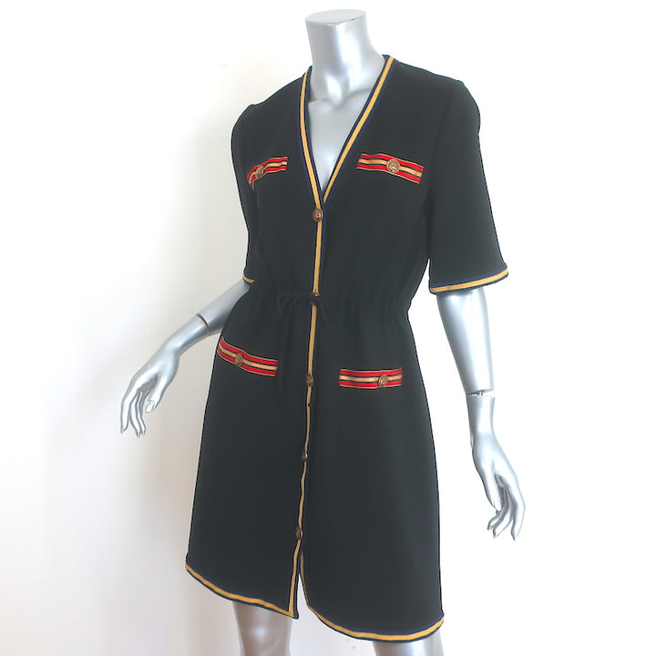 Gucci Tiger Button Striped-Trim Drawstring Mini Dress Black Crepe Size Large