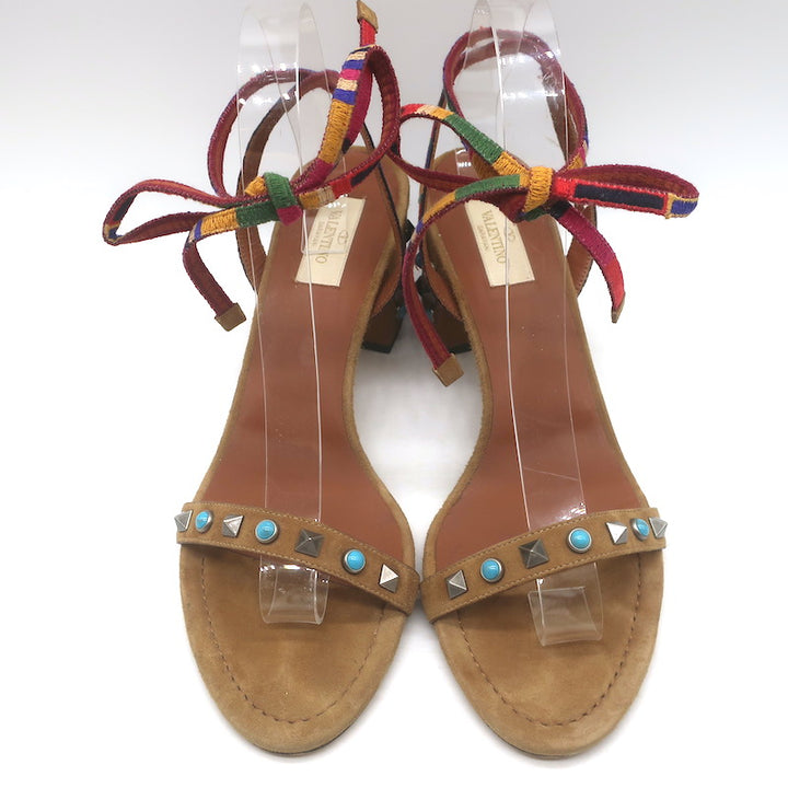 Valentino Rockstud Rolling Ankle-Tie Sandals Brown Suede Size 40.5