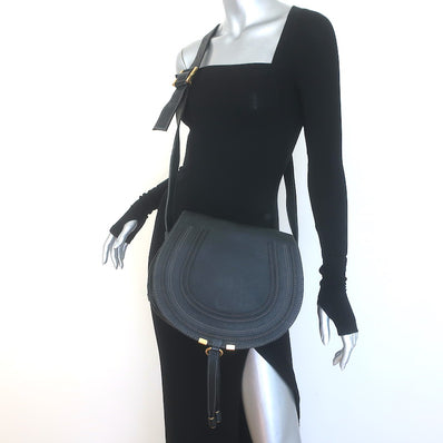 Chloe Marcie Medium Crossbody Saddle Bag Black Grained Leather