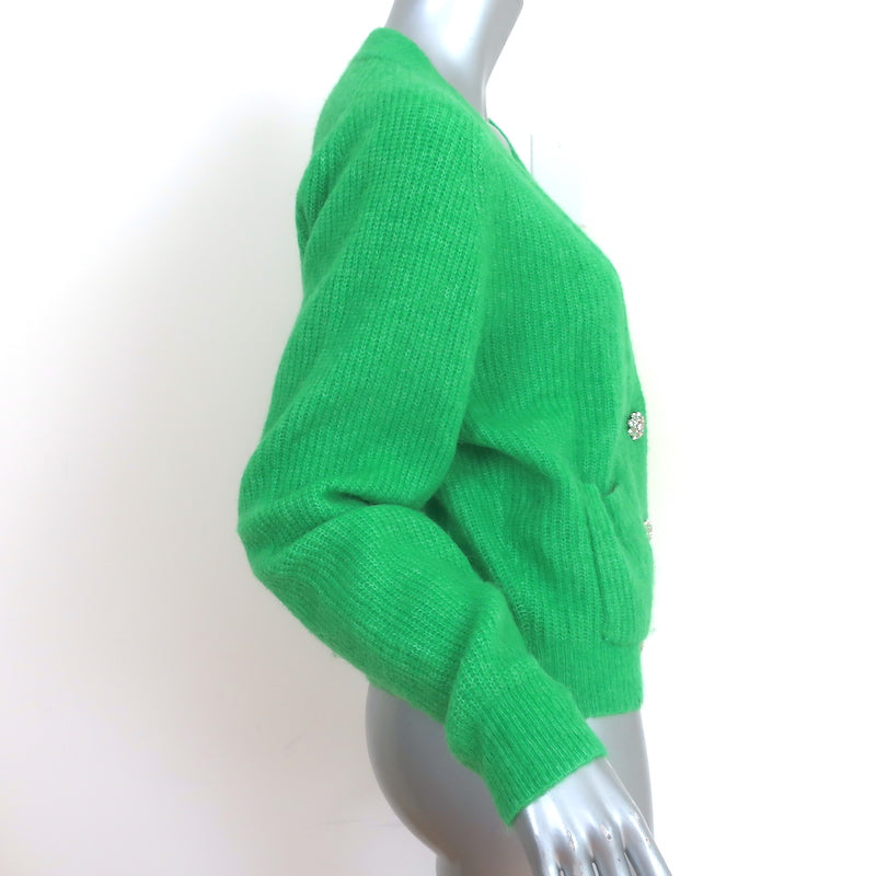 GANNI Crystal Button Cardigan Green Alpaca-Blend Ribbed Knit Size Medium