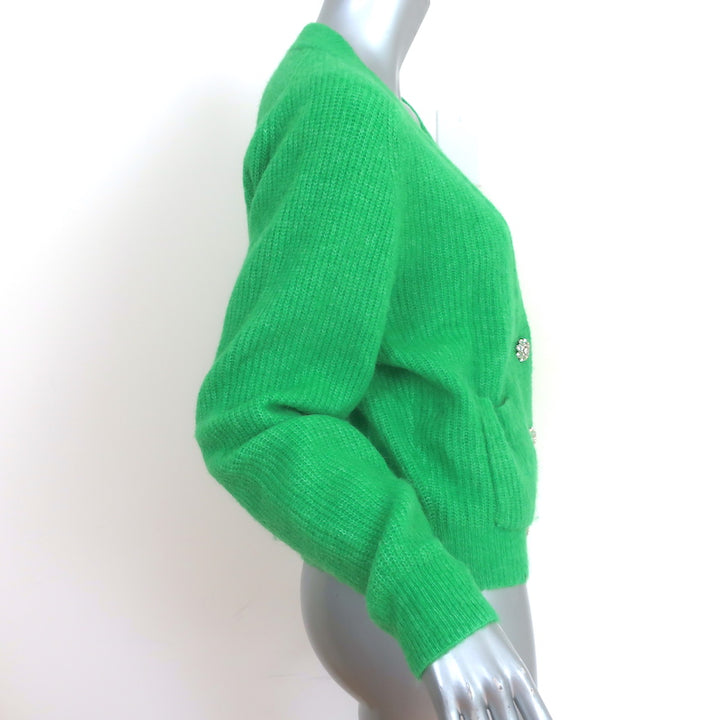 GANNI Crystal Button Cardigan Green Alpaca-Blend Ribbed Knit Size Medium
