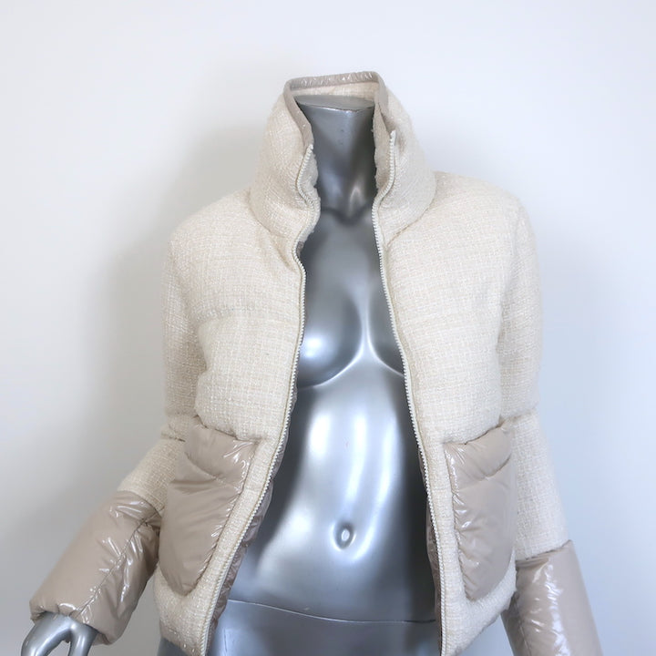 Herno Tweed Down Puffer Jacket Cream Cotton-Blend Size 36 NEW