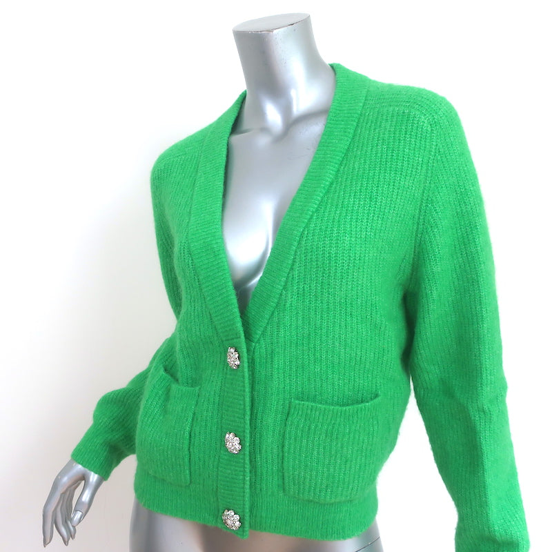 GANNI Crystal Button Cardigan Green Alpaca-Blend Ribbed Knit Size Medium
