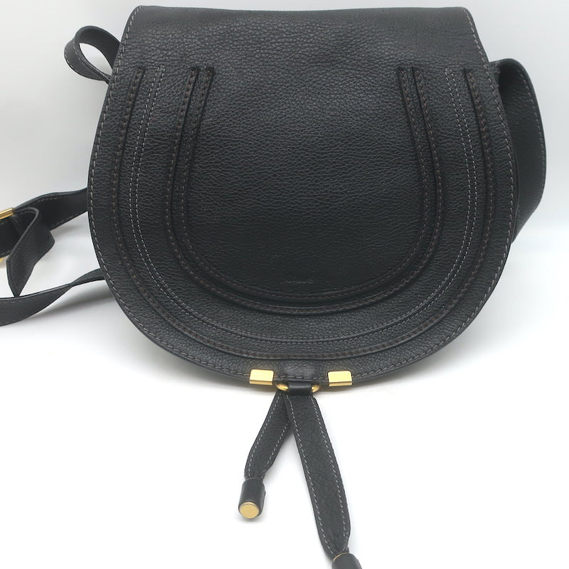 Chloe Marcie Medium Crossbody Saddle Bag Black Grained Leather