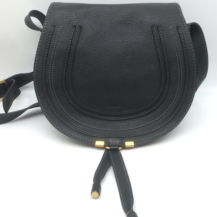 Chloe Marcie Medium Crossbody Saddle Bag Black Grained Leather