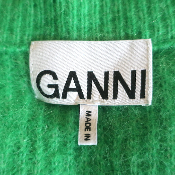 GANNI Crystal Button Cardigan Green Alpaca-Blend Ribbed Knit Size Medium