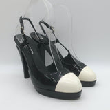 Chanel Bicolor Cap Toe Slingback Platform Pumps Black & White Patent Size 39.5